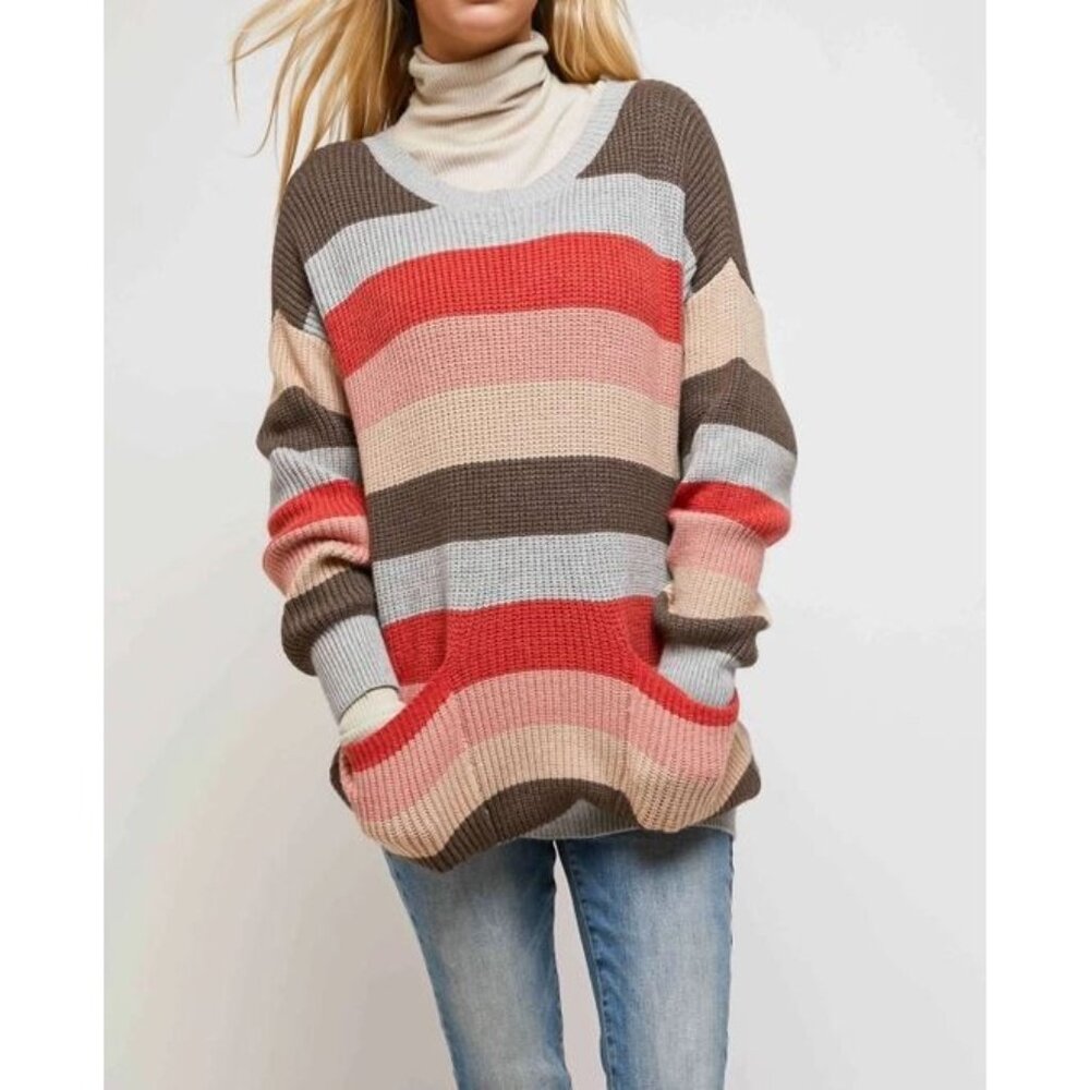 🩵🤎❤️NWT Davi & Dani Grey Multi Stripe Round Neck Sweater Sizes 2x Pockets